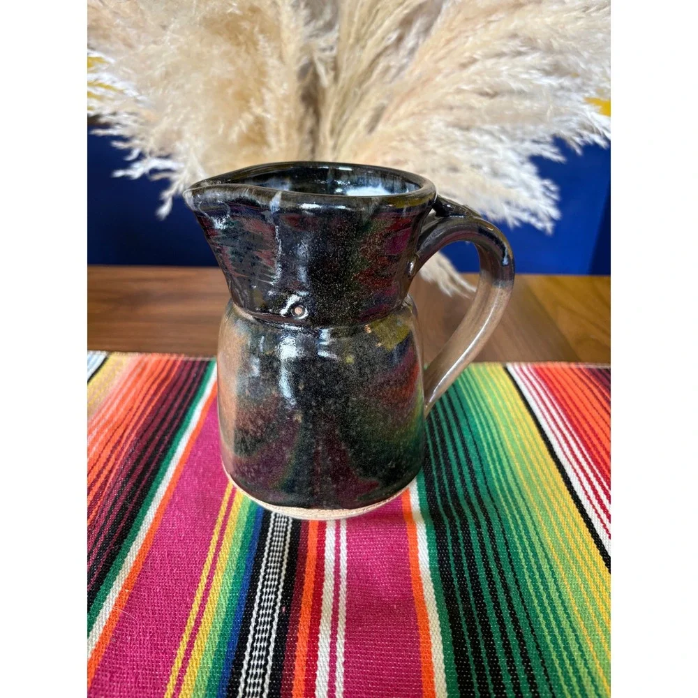 Studio Pottery Iridescent Glaze Pitcher Handmade Stoneware Creamer Black Bronze